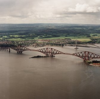 General oblique aerial view of the Forth Bridge and the Forth Road Bridge, taken from the ENE.