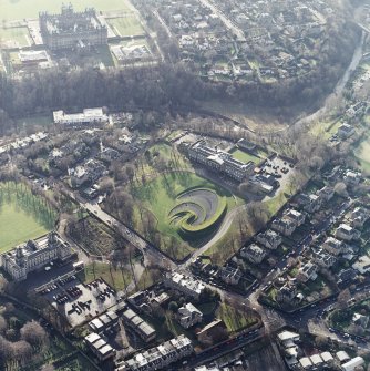 Oblique aerial view of the art galleries and designed garden under construction, taken from the ENE.
