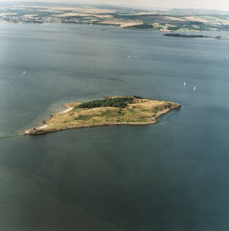 General oblique aerial view looking across Cramond Island towards Inchcolm Abbey and Dalgety Bay, taken from the ESE.