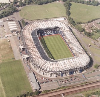 Edinburgh, Murrayfield Stadium, oblique aerial view, taken from the SSE, centred on Murrayfield Stadium. Murrayfield Ice Rink is visible in the top left-hand corner of the photograph.