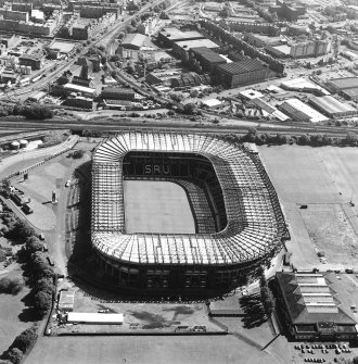 Edinburgh, Murrayfield Stadium, oblique aerial view, taken from the NNW, centred on Murrayfield Stadium. Murrayfield Ice Rink is visible in the bottom right-hand corner of the photograph.