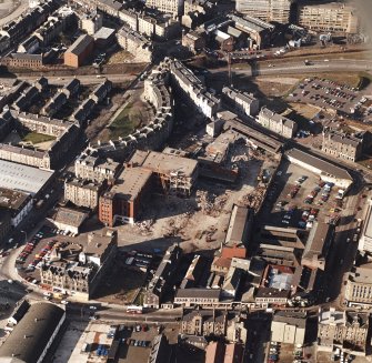 Edinburgh, Morrison Street, St Cuthbert's Dairy and Bakery (SCWS).
Oblique aerial view of dairy and bakery from South-East during demolition.