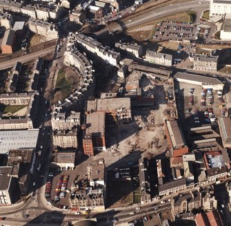 Edinburgh, Morrison Street, St Cuthbert's Dairy and Bakery (SCWS).
Oblique aerial view of dairy and bakery from South during demolition.
