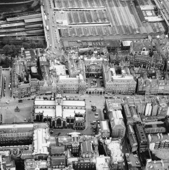Aerial view showing High Street between North Bridge and Lawnmarket with St Giles' Cathedral at bottom of photo and City Chambers at top