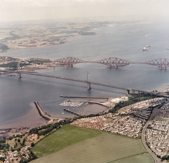 Aerial view from the West showing the Forth Railway Bridge and the Forth Road Bridge.