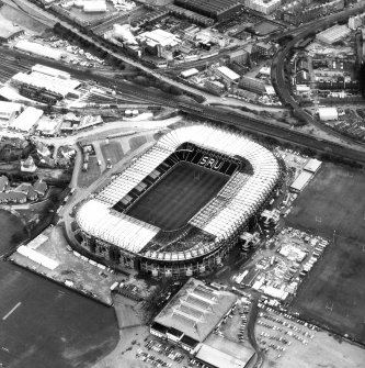 Aerial view of Murrayfield Stadium, also showing Roseburn House and Murrayfield Ice Rink.