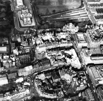 Aerial view of centre of Edinburgh including Royal Scottish Academy and National Gallery of Scotland at top of photograph, Castlehill to left, Grassmarket to bottom and Parliament Square to right