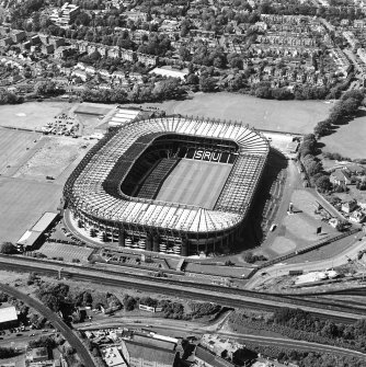 Edinburgh, Murrayfield Stadium, oblique aerial view, taken from the SE, centred on Murrayfield Stadium. Murrayfield Ice Rink is visible in the top left-hand corner of the photograph.