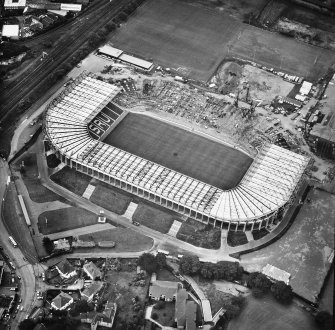 Aerial view of Roseburn House and Murrayfield Stadium during construction.