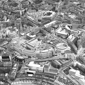 Oblique aerial view centred on the hotel, offices and conference centre with Scottish Widows offices adjacent, taken from the WNW.