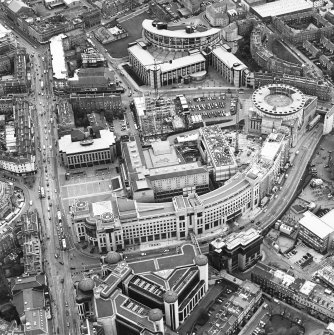 Oblique aerial view centred on the hotel, offices and conference centre with Scottish Widows offices adjacent, taken from the NNW.