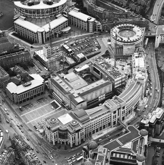 Oblique aerial view centred on the hotel, offices and conference centre with Scottish Widows offices adjacent, taken from the NNE.