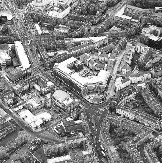 Oblique aerial view centred on Princes Exchange with hall adjacent, taken from the SSW.