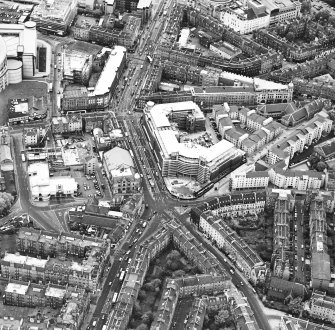 Oblique aerial view centred on Princes Exchange with hall adjacent, taken from the SSE.