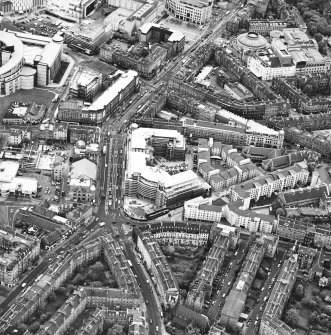 Oblique aerial view centred on Princes Exchange with hall and concert hall adjacent, taken from the SE.