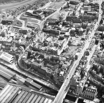 Aerial view showing Jeffrey Street; North and South Bridges and High Street between North Bridge and Canongate