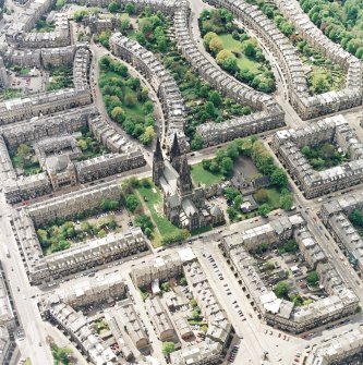 Oblique aerial view of the west end of Edinburgh New Town centred on the cathedral, taken from the ENE.