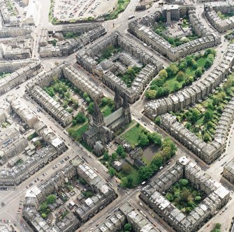 Oblique aerial view of the west end of Edinburgh New Town centred on the cathedral, taken from the N.