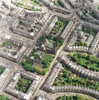 Oblique aerial view of the west end of Edinburgh New Town centred on the cathedral, taken from the NW.