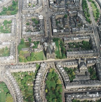 Oblique aerial view of the west end of Edinburgh New Town centred on the cathedral, taken from the SW.