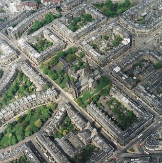 Oblique aerial view of the west end of Edinburgh New Town centred on the cathedral, taken from the S.