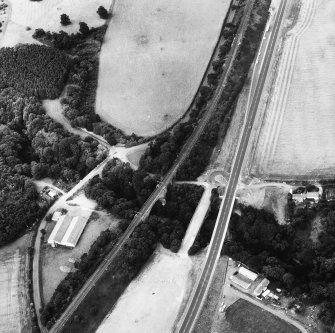 Aerial view showing Dunglass Road Bridge, Railway Viaduct and New Bride.