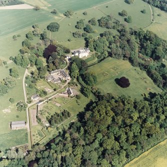 Aerial view of Coulston House, gardens, stables and dovecot, taken from the N.