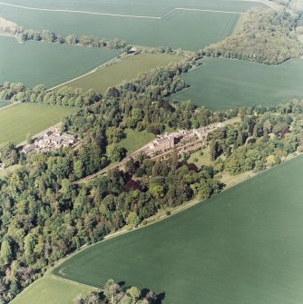 Oblique aerial view of Biel House, garden, cottages and coach-houses, taken from the SSW.