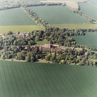 Oblique aerial view of Biel House, garden, cottages and coach-houses, taken from the S.