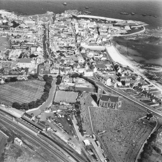 Aerial view including church and harbour.