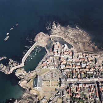 Oblique aerial view centred on Dunbar harbour, taken from the WSW.