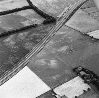 Monkton House and Newton, oblique aerial view, taken from the N, centred on a series of cropmarks including those of a pit-alignment. Monkton House is visible in the bottom right-hand corner of the photograph.