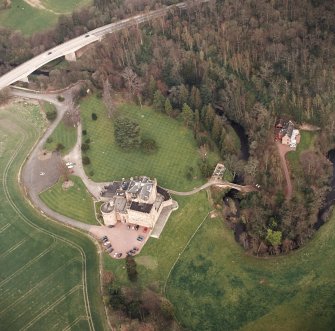 Aerial view of Dalhousie Castle and estate bridge, taken from W.