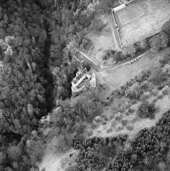 Aerial view of Hawthornden Castle, well and walled garden, taken from the S.