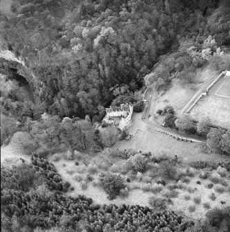 Aerial view of Hawthornden Castle, well and walled garden, taken from the SE.