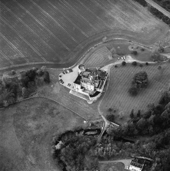 Aerial view of Dalhousie Castle and the estate bridge, taken from the SSE.