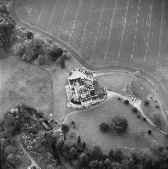 Aerial view of Dalhousie Castle and estate bridge, taken from E.