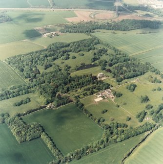 General aerial view of Newliston House, formal garden, dovecot and sundial, taken from the S.