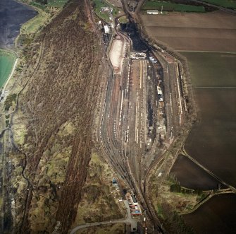 Oblique aerial view centred on the railway marshalling yard, taken from the SSE.