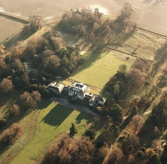 Preston Hall, oblique aerial view, taken from the SE, centred on the country house.