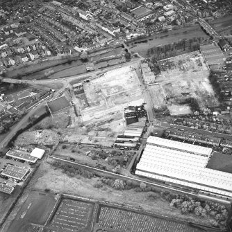 Aerial view of Brunton Ltd wire works, excavation and River Esk bridges, taken from the SE.