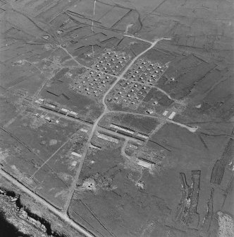 Oblique aerial view  of Orkney, Flotta, 'Z' anti-aircraft battery and accommodation camp, taken from the NW.  Also visible is a barrage balloon mooring site.