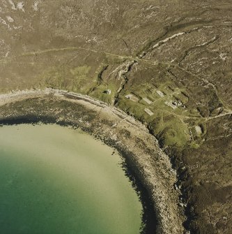 Aerial view of Orkney, Hoy, Scad Head Battery, military accommodation camp for gun battery crew.  Also visible is part of the tramway linking the battery with the public road.