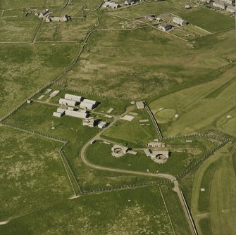 Aerial view of Orkney, Stromness, Ness (World War II) coast battery, gun-emplacements, observation tower and accommodation camp, taken from the S