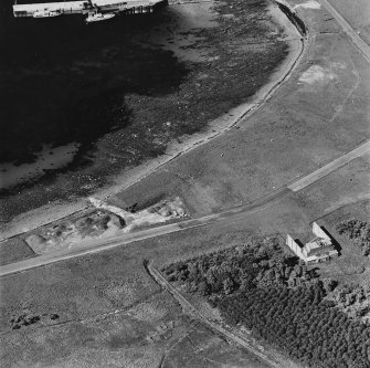 Aerial view of Orkney, Flotta, the former military theatre and cinema building, from the SW.
