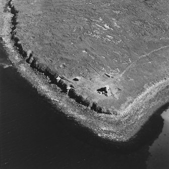 Oblique aerial view of Orkney, Hoy, taken from the NE, Scad Head coast battery, gun emplacement, engine houses and searchlight positions.