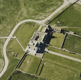 Aerial view of Orkney, Bay of Skaill, Skaill House and gardens, taken from the SW. Also, visible is the central courtyard of the house.