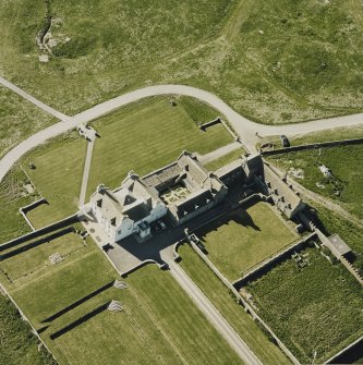 Aerial view of Orkney, Bay of Skaill, Skaill House and gardens, taken from the SE. Also, visible is the central courtyard of the house.