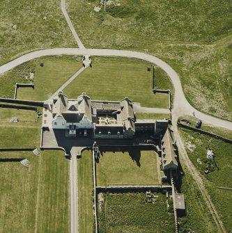 Aerial view of Orkney, Bay of Skaill, Skaill House and gardens, taken from the E. Also, visible is the central courtyard of the house.