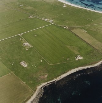 Aerial view of Sanday, Whale Head (Lopness) Radar Station, taken from the SW